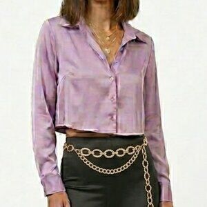 Jon & Anna Blouse Cropped Long Sleeve Satin Lilac Button Front 1970s Silky Top M